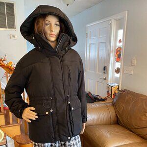 ZARA Black Warm Winter Jacket Faux Fur Removeable Hood Size S